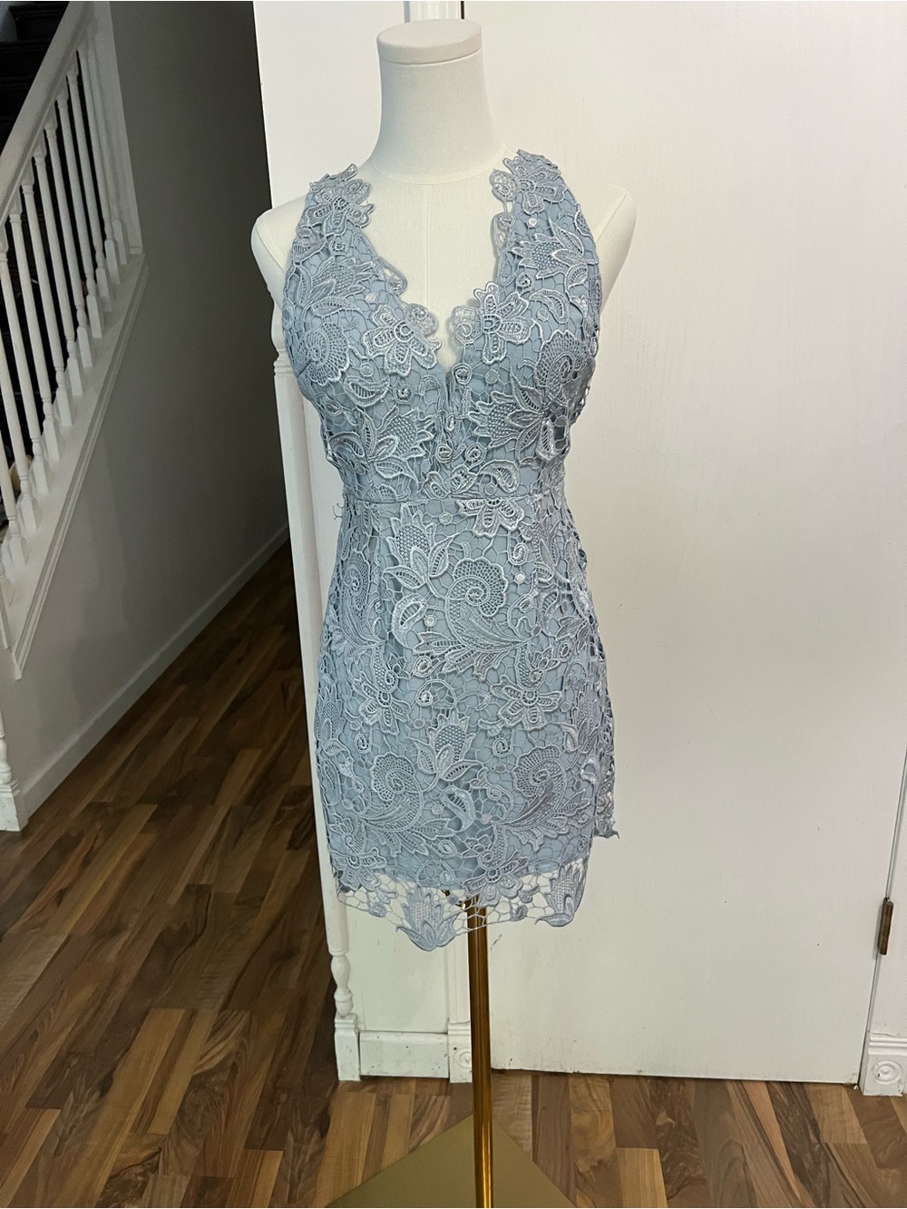 Free People Pale Sky Blue Baroque Lace Romantic Mini Party Cocktail Dress, 0 XS